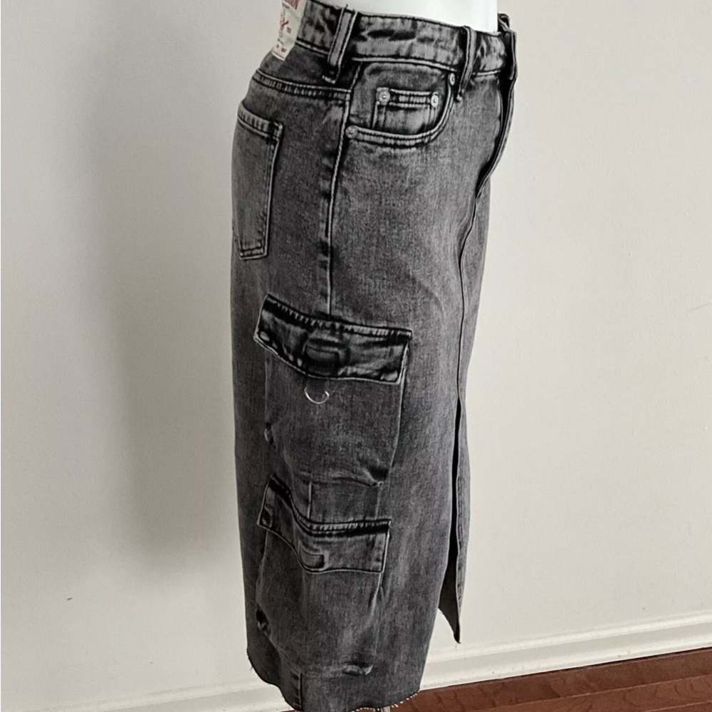 True Religion Skirt Charcoal Vintage Cargo Midi Front Slit Utility - Picture 4 of 5